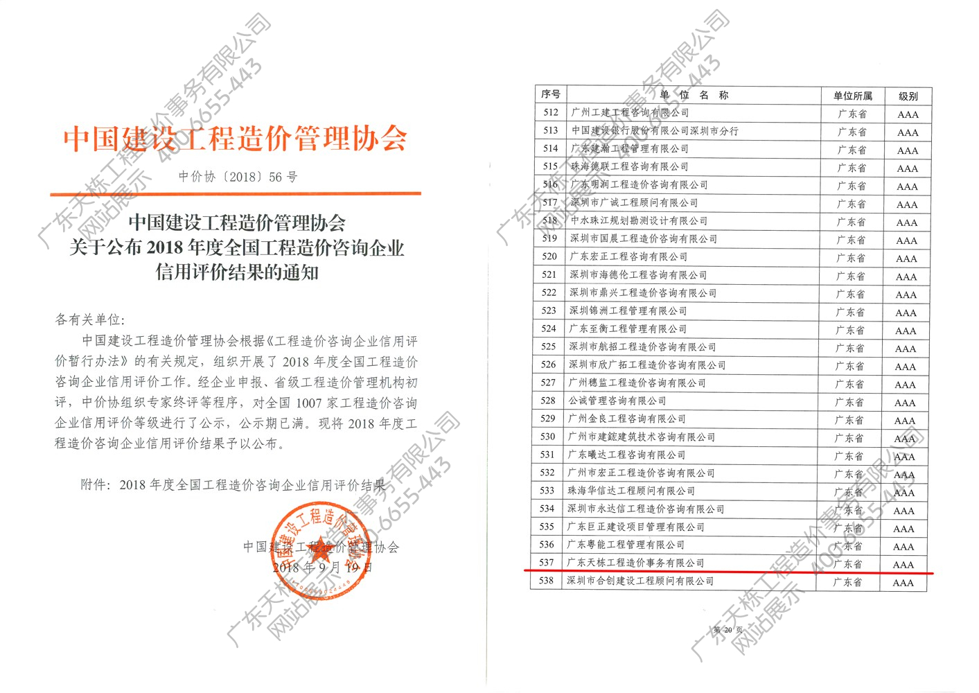 2018年度全國(guó)工程造價(jià)咨詢(xún)企業(yè)信用評(píng)價(jià)AAA級(jí)